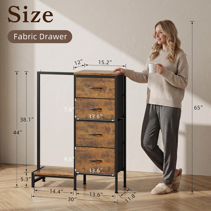 Tall Dresser 44''H with Hanging Rack, 4 Drawers Small Closet Dresser for Bedroom, Reversible Fabric Chest of Drawers with Clothes Rack, Tall Storage Tower, Sturdy Frame, Rustic Brown