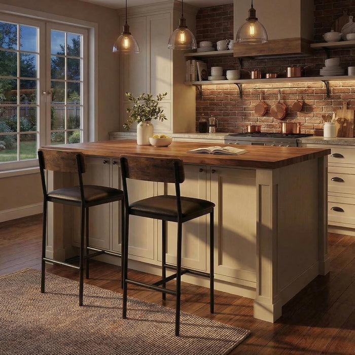 Bar Stools Set of 2, Kitchen Bar Stools with Footrest, 25.5 Inches Upholstered Bar Chairs with Back, 2 Counter Height Barstools for Counter Bar, Island, Easy Assembly, Rustic Brown