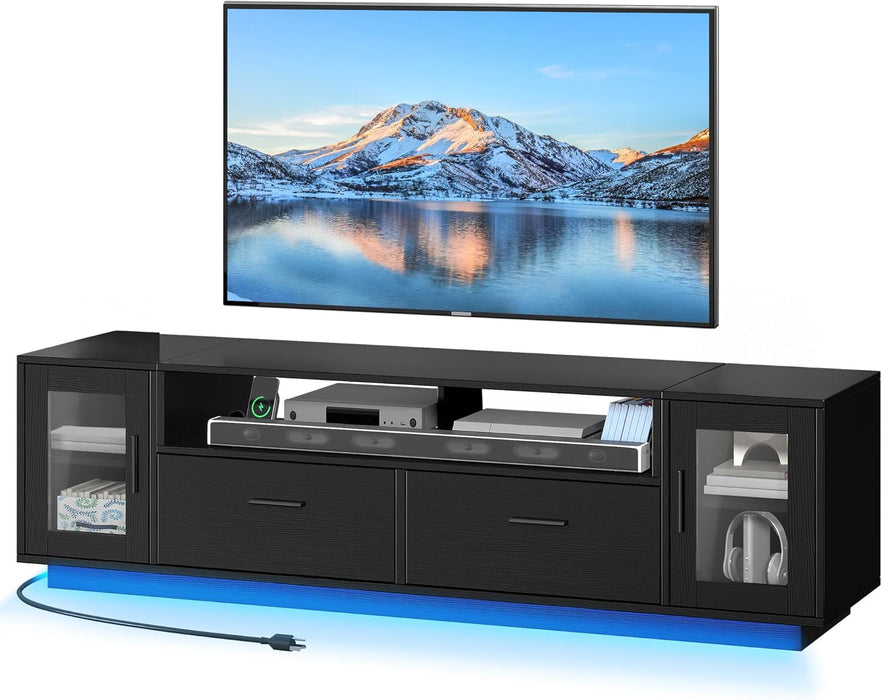 TV Stands for Living Room, Modern TV Stand for 65/70 Inch TV, LED TV Entertainment Center with Storage & Power Outlets, TV Console Cabinet, Black