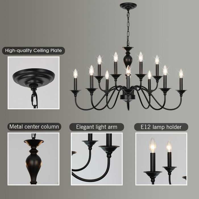 Black Matte Farmhouse Chandelier 12 Light Fixtures