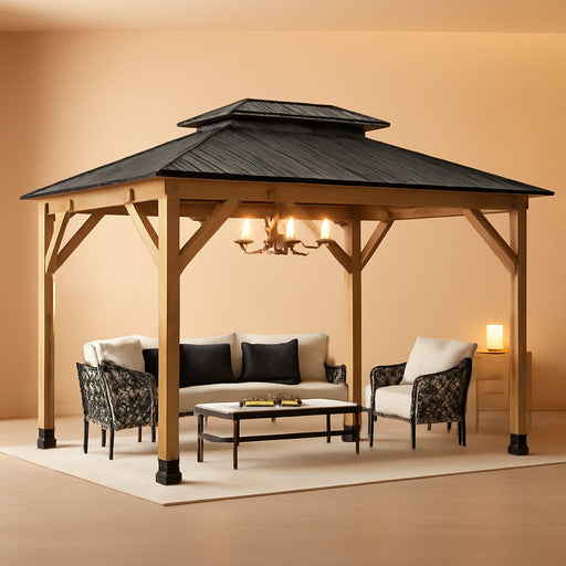 13x15Ft Cedar Wood Gazebo GalvanizedSteelDoubleRoof