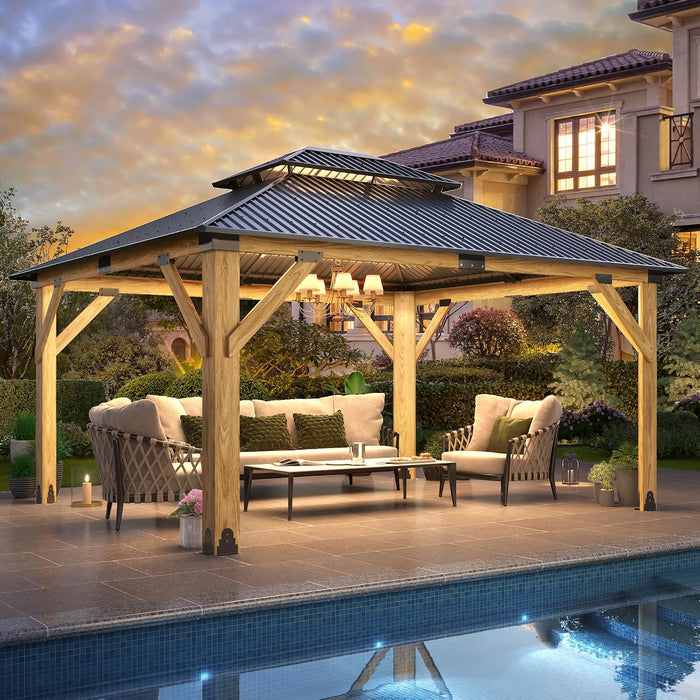 13x15Ft Cedar Wood Gazebo GalvanizedSteelDoubleRoof