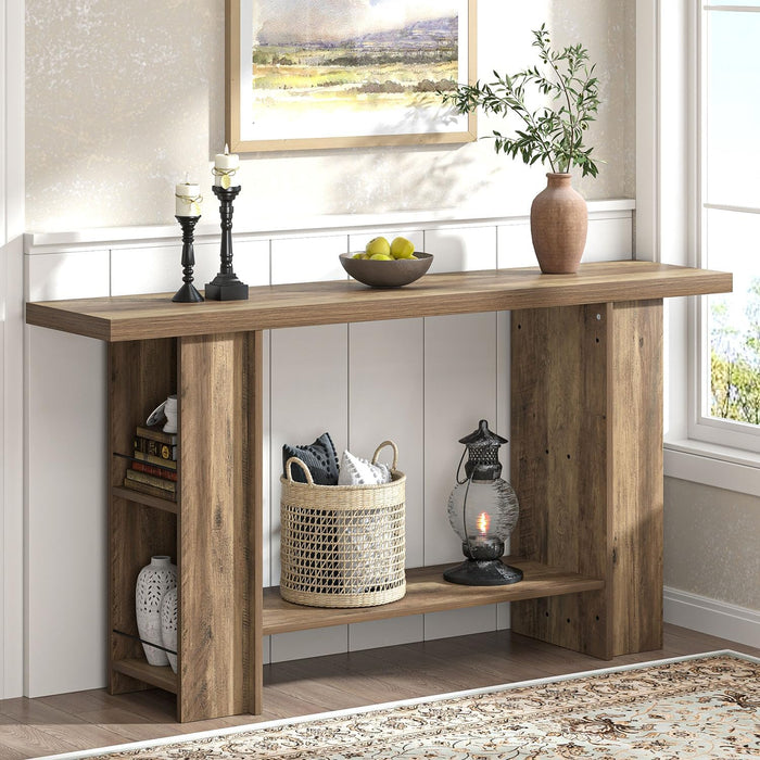 53 Inch Long Entryway Table, 2-Tier Wood Console Table with Storage Side Shelves, Farmhouse Sofa Table for Living Room, Narrow Hallway Foyer Table behind Couch for Home Decor, Rustic Oak