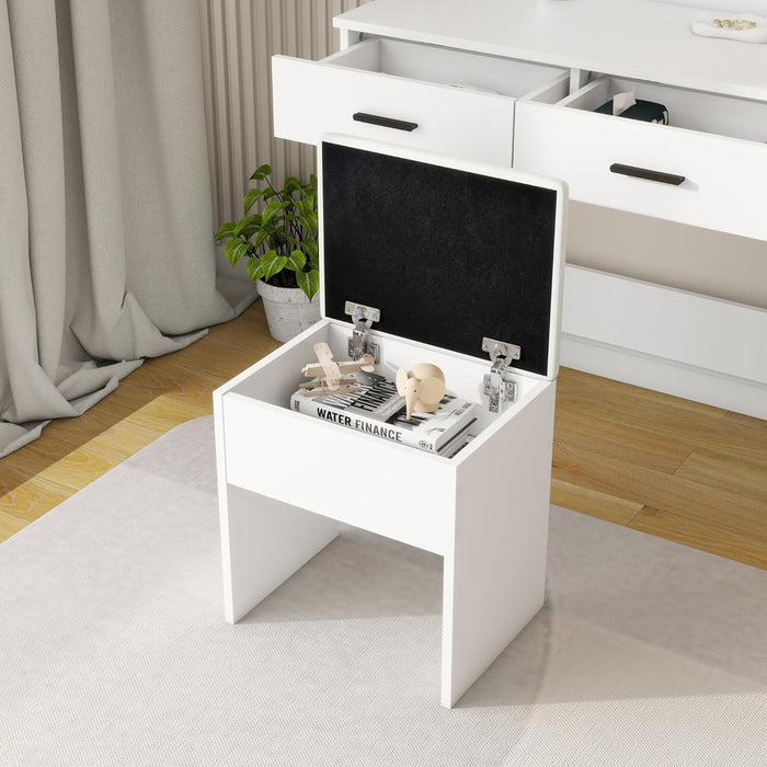 Vanity Desk Set with Mirror, LED Lights and Power Outlet Makeup Table with 2 Large Drawers and round Holder, Dressing Table with Cushioned Stool for Bedroom, Dressing Room (White)