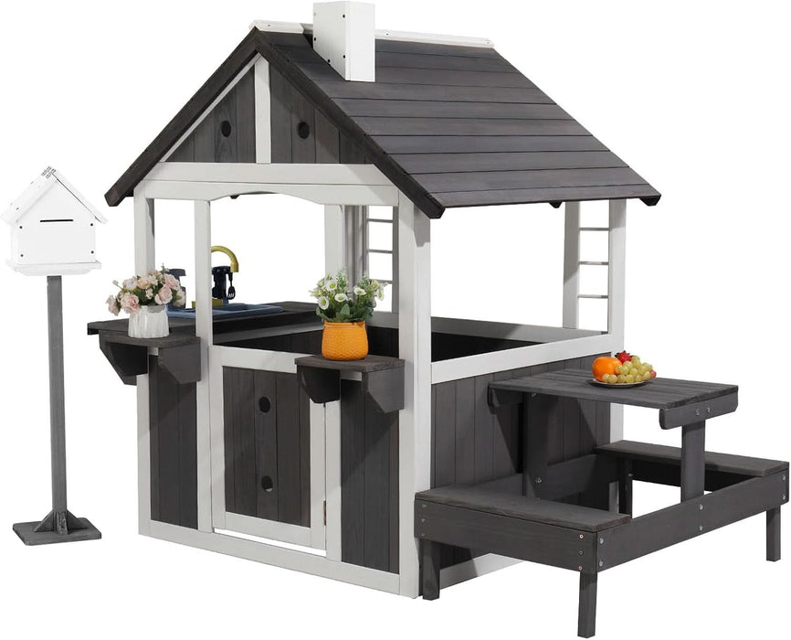 Kids Wooden Playhouse for Outdoor, Cottage with Sink, Picnic Table, Mailbox, Flowerpot Holders, Age 3-8 (Gray&White)