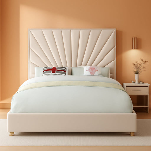 Eclipse Collection Modern | Contemporary Velvet Upholstered Bed with Channel Tufted Design and Complete Sets of Gold and Chrome Legs Included, Queen, Cream