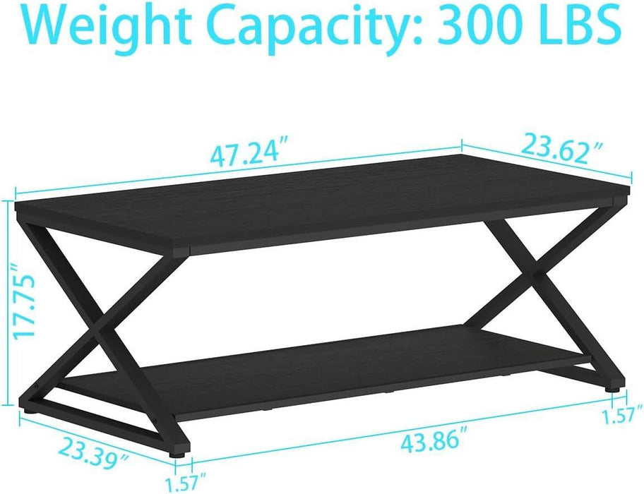 Black Coffee Table Modern, 47 Inch Simple Rectangle Cocktail Table with Storage Display Shelf, 2 Tier Minimalist Industrial Wooden and Metal Center Tea Table for Living Room Office, Black Oak