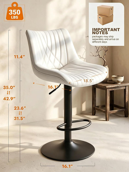 Swivel Bar Stools Set of 2, Height Adjustable Counter Height Bar Stools with Open Back and Footrest, Premium Faux PU Leather, Modern Upholstered Bar Chairs for Kitchen Island/Bar/Counter, White