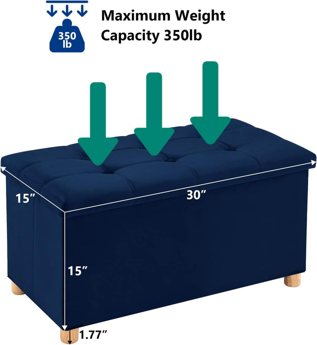 30 Inches Folding Storage Ottoman Bench, Velvet Storage Chest, Footrest Couch with Wooden Legs, Support 350Lbs for Bedroom, Living Room, Hallway, Navy Blue