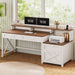 Farmhouse Home Office Desk with File Drawer & Power Outlet, Computer Desk with 4 Drawer, Storage Shelves, Printer Cabinet and Monitor Shelf, Gaming Desk with Led Lights, White Brown