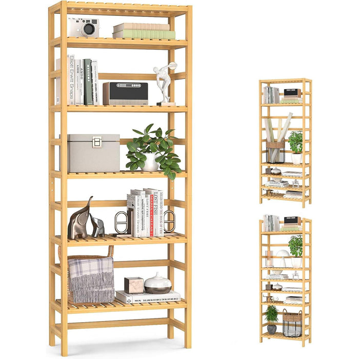 6-Tier Bamboo Bookshelves and Bookcases, Adjustable 63.4”Tall Shallow Book Shelf Organizer Rack, Freestanding Storage Shelving Unit for Living Room, Kitchen, Bathroom, Office, Natural