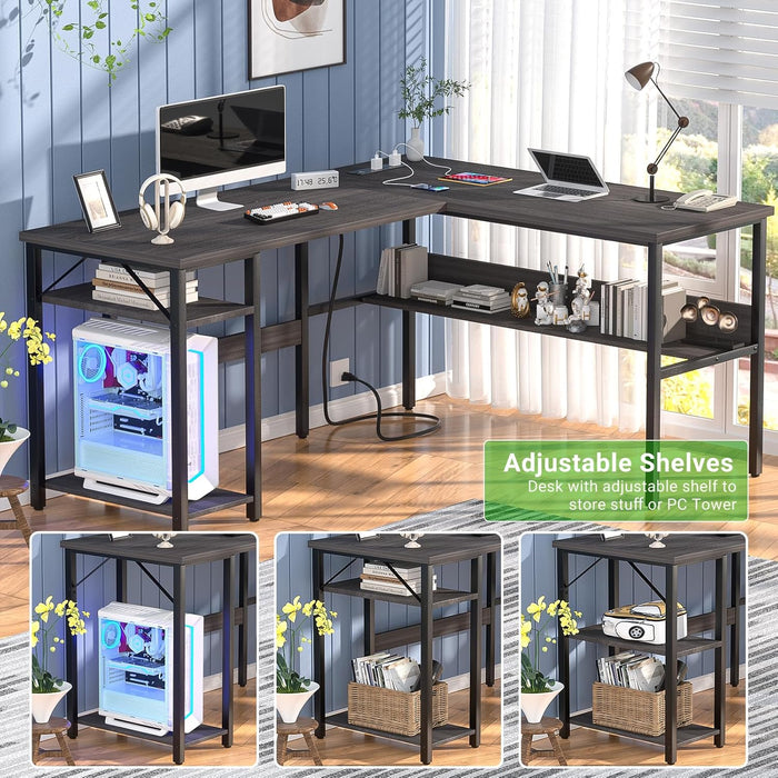 Reversible L Shaped Desk with Magic Power Outlets and USB Charging Ports, Sturdy Corner Computer Desk with Storage Shelves, Gaming Table Home Office Desk, Easy to Assemble, Enoch Walnut