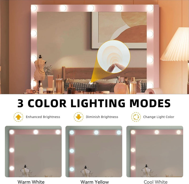 Vanity Desk with Large Mirror and Lights, Makeup Vanity Set with 11 LED Bulbs and Power Outlet, 4 Storage Drawer, Dressing Table with 3-Color Adjustable Lighting, Vanity Stool, Pale Pink