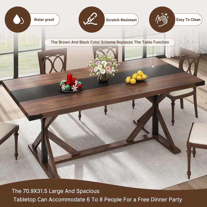 71" Farmhouse Dining Table for 5 6 8 People, Rectangular Kitchen Table W/Thickness Waterproof Wood Grain Tabletop (Brown, 71 X 35.4 X 30 In)