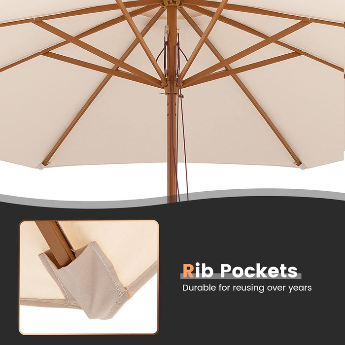 10FT Patio Umbrella, Outdoor Table Market Umbrella W/8 Wooden Ribs, 3 Adjustable Heights, Rope Pulley System, Detachable Pole, Wooden Patio Umbrella for Garden, Poolside, Backyard (Beige)