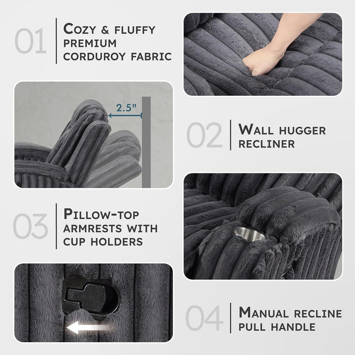 Manual Double Reclining Sofa, Corduroy Wall Hugger Manual 3 Seater Recliner Couch, Padded Armrests, Cup Holders for Living Room, Home Theater, Easy Assembly, Dark Gray