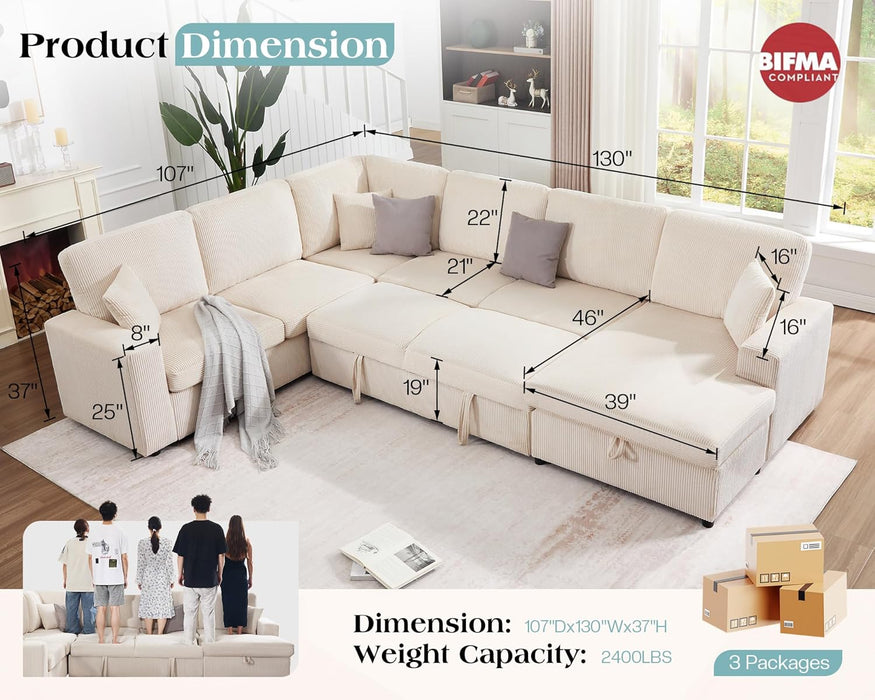 130Inch Beige Corduroy Sectional Sofa Bed StorageCompartment