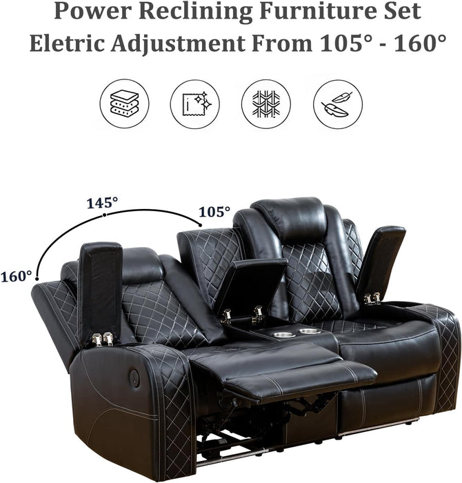 Power Reclining Sofa Set, Living Room Furniture Set with USB Ports, Leather Recliner Couches Set for Living Room/Apartment/Office/Home Theather (Black, Sofa+Loveseat+Chair)