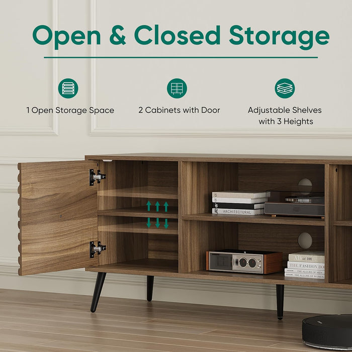 Walnut TV Stand with Fluted Diamond Doors, 55.12" Mid Century Modern TV Media Console for Tvs up to 65", TV Cabinet with Adjustable Shelf & 2 Cabinets for Living Room