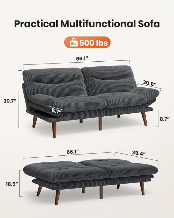 Futon Sof Bed,Vintge Couch with djustble Bckrest & rmrests, Convertible Futon Sof Couch for Efficient Home,Smll Spces, Living Room or Office, Corduroy Futon Couchs,Grey