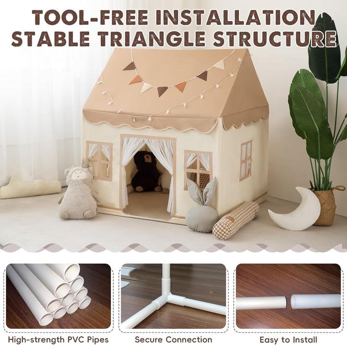 Kids Tent with Padded Mat Playhouse with Large Space for Toddlers Indoor Kids Play Tent for Girls Boys with Stars Lights, Carry Bag, Banner Flag (Brown)