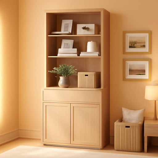 Modern 72" Tall Bookshelf with Doors, Drawers & Adjustable Shelves, Library Bookcase with Storage Cabinet and Open Shelving, Wood Bookcase for Home Office, Living Room, Oak, 1 PC