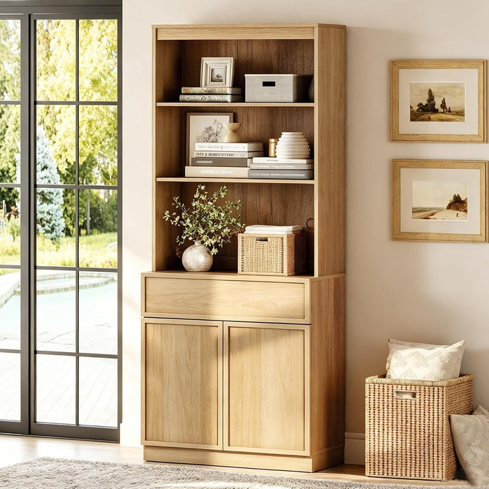 Modern 72" Tall Bookshelf with Doors, Drawers & Adjustable Shelves, Library Bookcase with Storage Cabinet and Open Shelving, Wood Bookcase for Home Office, Living Room, Oak, 1 PC