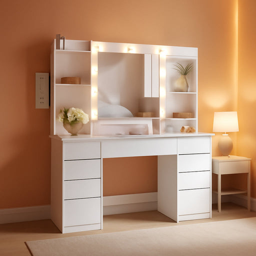 White Makeup Vanity Desk With IntegratedLED Mirror