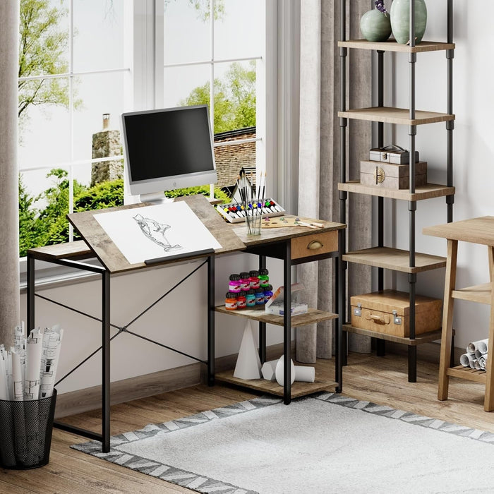 Adjustable Drafting Table with Storage Shelves and Drawer - ShipItFurniture
