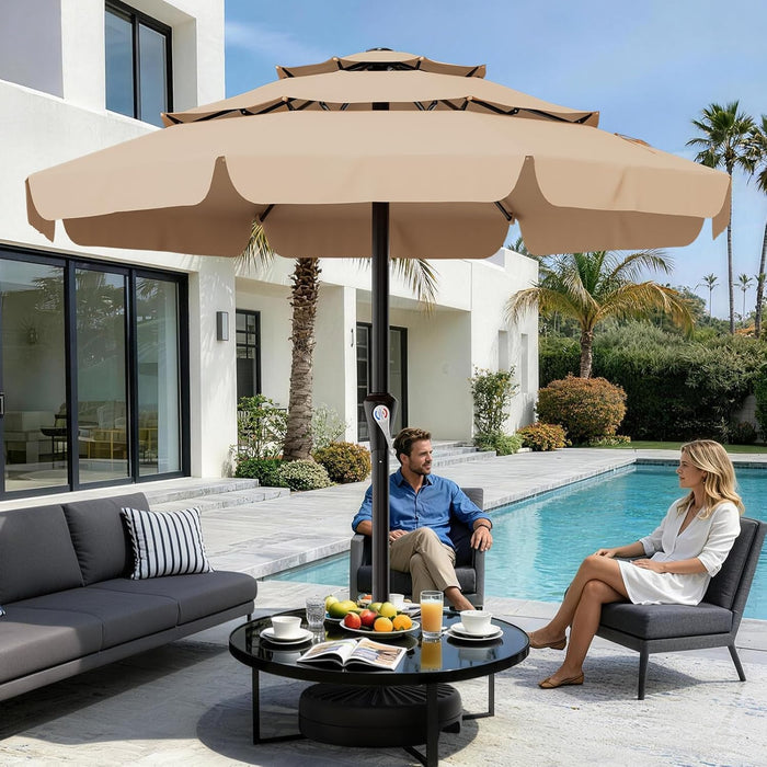 11FT 3-Tiers Patio Umbrella with Valance, Outdoor with Crank, Large Outdoor Market Umbrellas Vented with 8 Sturdy Ribs, Patio Table Umbrellas for Garden, Deck, Backyard, Pool, Beige