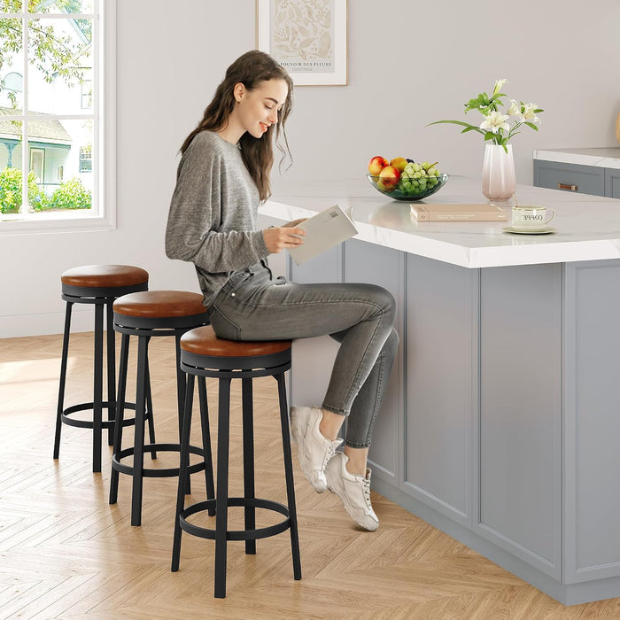 30'' Swivel Bar Stools Set of 4 with PU Leather Cushion | Backless round Counter Height Barstools, Metal Frame Legs and Footrest, for Kitchen Island, Home Bar, Brown