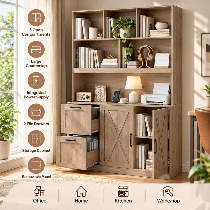 72'' Tall Bookshelf with Power Outlet, 2 Drawer File Cabinet for A4 Hanging Files, 3-Tier Open Shelves & Closed Storage Cabinets, Multifunctional Printer Stand - Greige