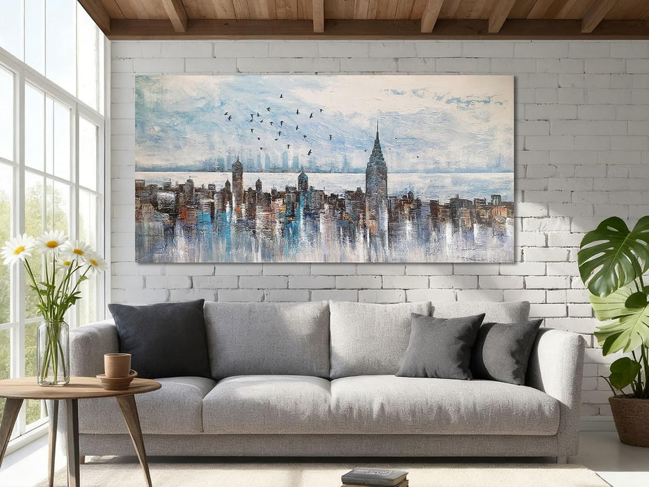 Cityscape Wall Art New York City Skyline Canvas Picture Living Room, Modern Abstract Grey NYC Painting Framed Artwork for Bedroom Home Office Mens Room Wall Decor, Extra Large 58"X29"
