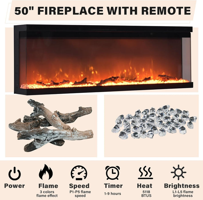 Fireplace TV Stand with 50" Electric Fireplace, Fireplace Entertainment Center with 3-Side Glass Insert, 3 Drawers, TV Stands for Living Room, White