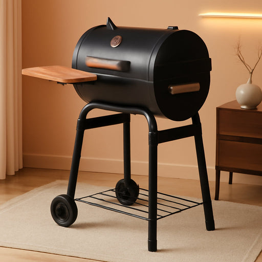 ® Patio Pro Charcoal Grill and Smoker with Cast Iron Grates, Premium Wood Shelf and Damper Control, 250 Cooking Square Inches in Black, Model E1515