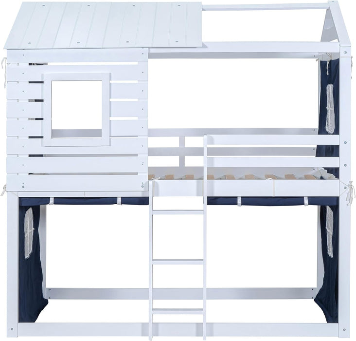 Twin Size BlueAndWhite Reinforced Pinewood Bunk Bed