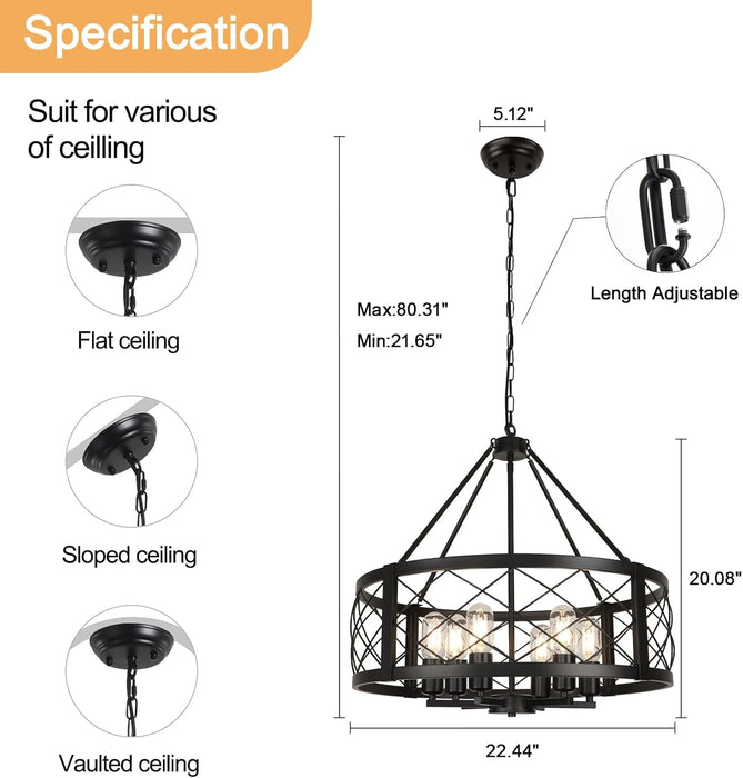 6-Light Black Rustic Drum Chandelier, 22.5” Modern Chandelier for Dining Room, round Metal Hanging Light Fixture for Foyer, Entryway, Bedroom, Kitchen Island