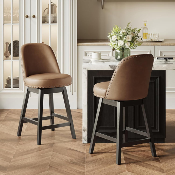 Swivel Counter Height Bar Stools Set of 4, Tall Faux Leather Barstools, Modern Bar Chairs with Solid Back and Wood Legs for Kitchen Island，Brown