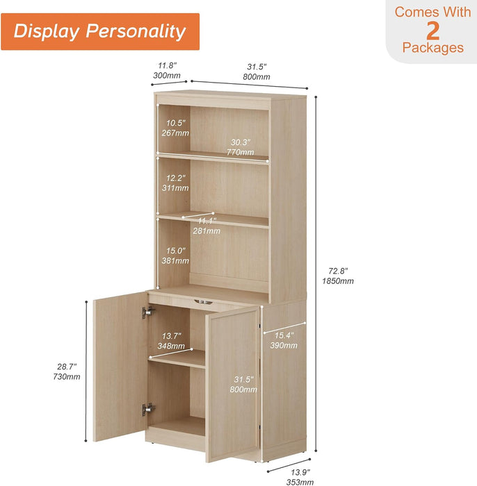 Modern 72" Tall Bookshelf with Doors and Adjustable Shelves, Library Bookcase with Storage Cabinet and Open Book Shelfs, Wood Book Shelf for Home Office, Living Room, Beige, 1 PC