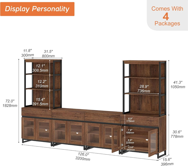 Modern TV Stand with 3 Tiers Bookshelf, Farmhouse Entertainment Center with 4 Drawers and Adjustable Shelf, Wooden Media TV Console with Glass Doors for Living Room, Brown