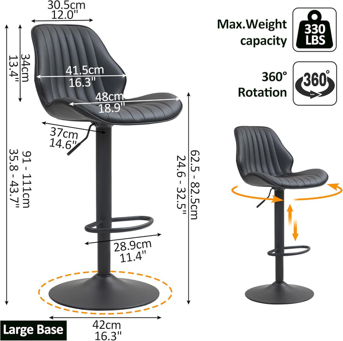 Bar Stools Set of 2, Modern 360° Swivel Faux Leather Bar Stools, 24"-32.5" Seat Height with Back, 330 Lbs Capacity, SGS Gas Lift, Upholstered Kitchen Chairs for Kitchen Island, Black