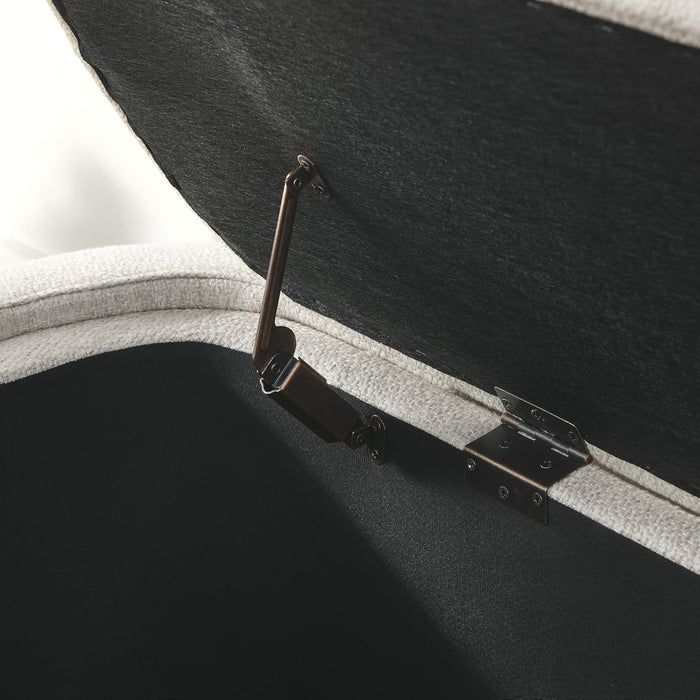 Linen Upholstered Storage Bench, Oval Footstool Ottoman with Hinges for Living Room, Entryway, Bedroom,No Assembly Required,Beige