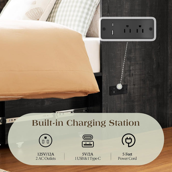 Twin Murphy Bed with Built-In Charging Station and Storage Drawer, Farmhouse Foldable Cabinet Bed for Guest Room, Apartment or Home Office, Black Oak