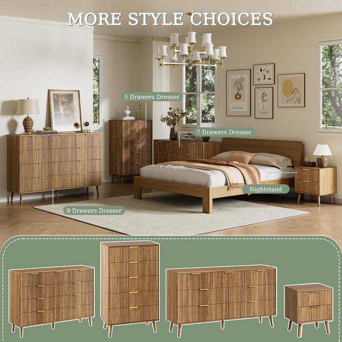 Fluted 9 Drawer Dresser for Bedroom, 55" Wide Modern Chest of Drawers with Curved Profile Design and Metal Handles, Wood Dresser TV Stand & Storage Organizer for Bedroom, Hallway, Walnut