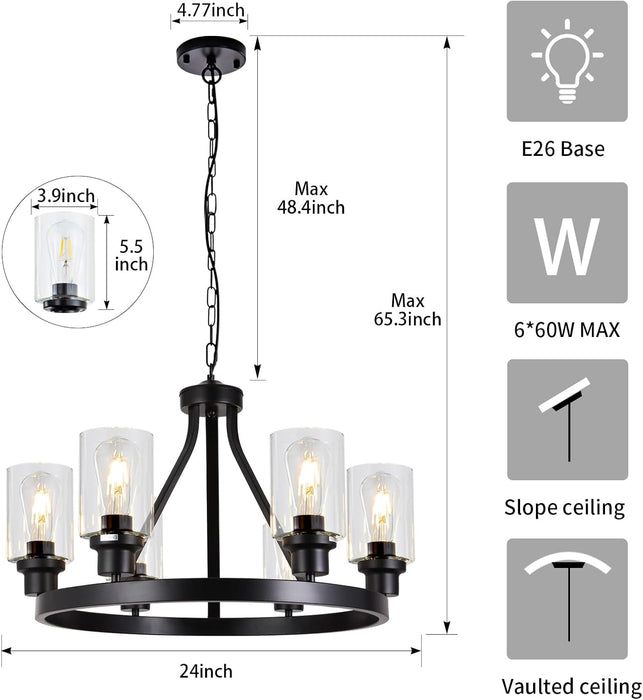 6-Light Farmhouse Chandelier Light Fixture Dining Room Lighting Fixtures Hanging Wagon Wheel Chandelier Kitchen Island Pendant Lights Modern Black Industrial Rustic Adjustable Height Metal