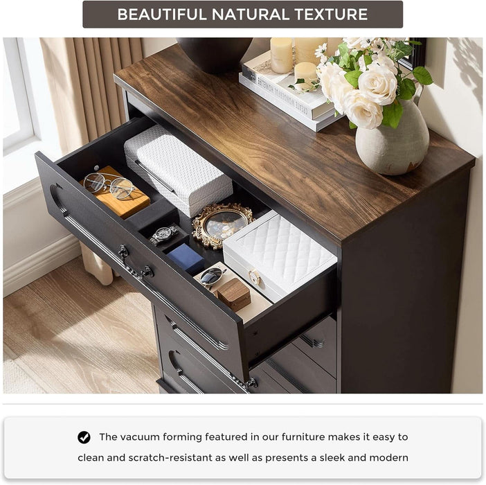 5 Drawer Dresser for Bedroom Farmhouse Black Wood Chest of Drawers for Bedroom Dresser, Rustic 46" Tall Wide Drawers Dressers Wooden Closet Storage Cabinet, Hallway, Living Room