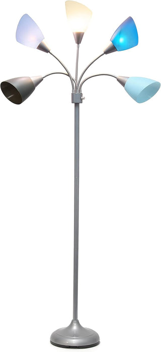 LF2006-SBG 67" Contemporary Multi Head Medusa 5 Light Adjustable Gooseneck Silver Floor Lamp with Blue, White, Gray Shades for Kids Bedroom Playroom Living Room Office