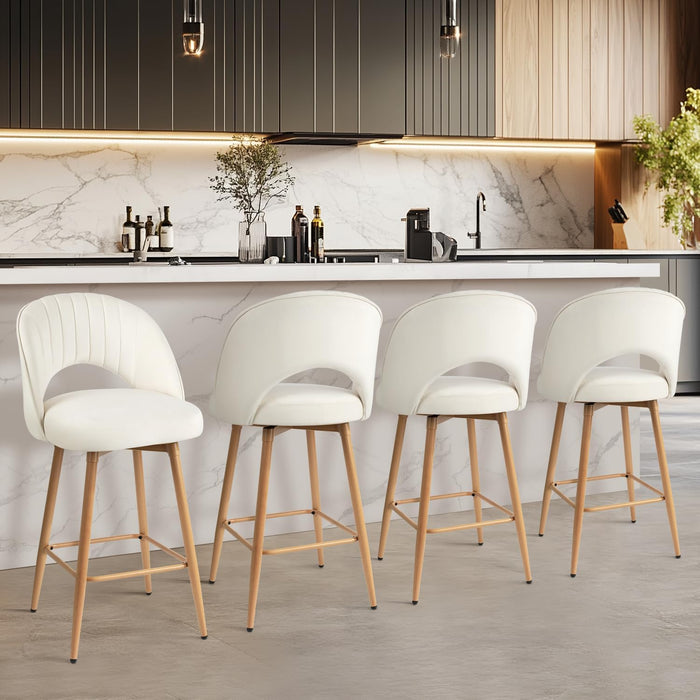 Swivel Bar Stools Set of 2, Counter Height Barstools for Kitchen Island, 26" Seat Height Bar Chairs for Dining Room, Velvet Upholstered Bar Stool with Back and Footrest, White