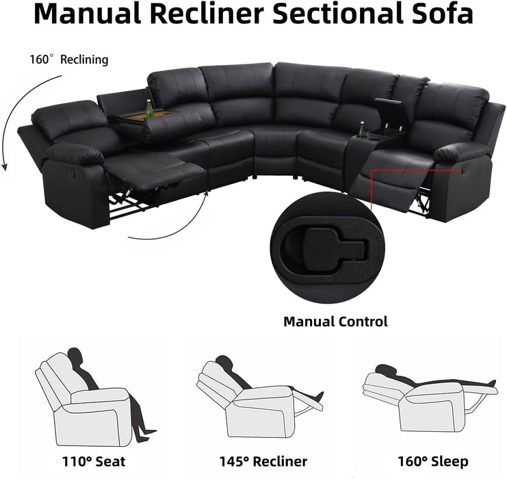 Manual Recliner Sectional Sofa Set, Bonded Leather L-Shaped Living Room Furniture Sets, Reclining Corner Couch with Drop-Down Table/Storage Console/Cup Holders for Home Office (Black, Sectional)