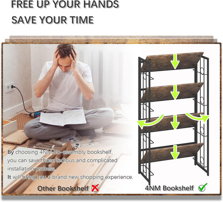 No Assembly 4 Tiers Folding Bookshelf, 47.2" H Foldable Storage Shelves Vintage Bookcase Standing Racks Study Organizer Home Office - Rustic Brown Black